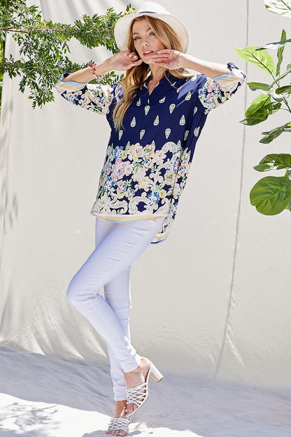 Multi Floral Gabby Collar Roll Up Sleeve Top with vibrant floral pattern and stylish design.