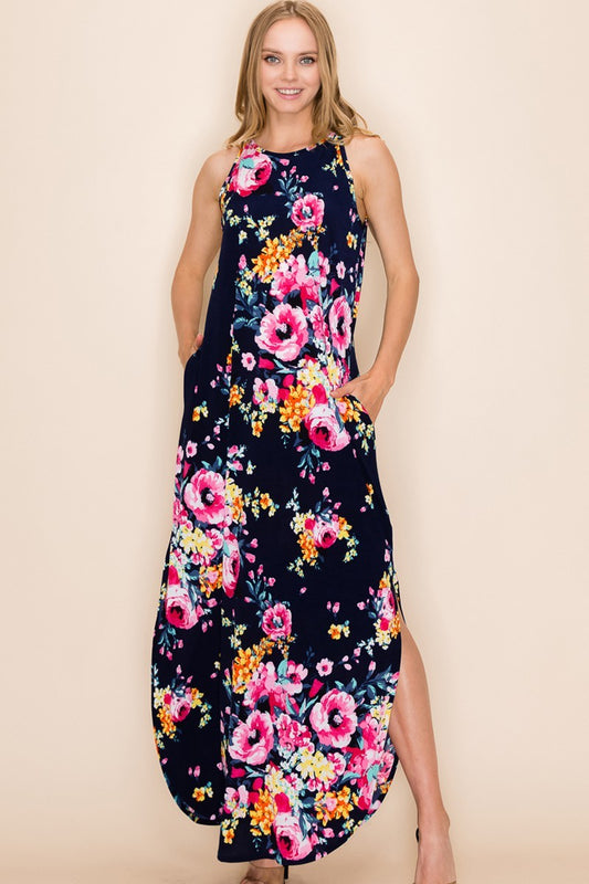Floral Print Maxi Slit Dress- Plus Size