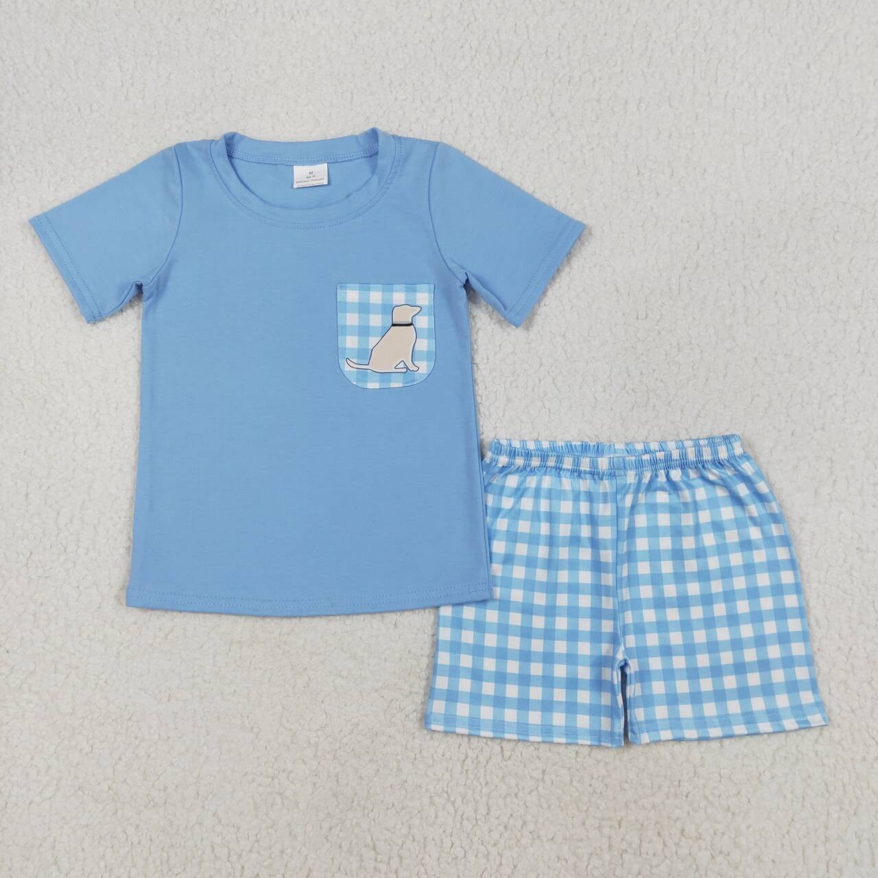 Boys' Clothing Set: Dog Pocket Top with Plaid Shorts