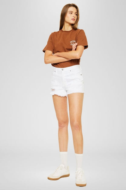 Kan Can- Ethel High Rise Distressed White Denim Shorts