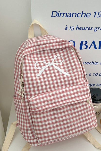 Coquette Bow Embroidered Checkered Backpack
