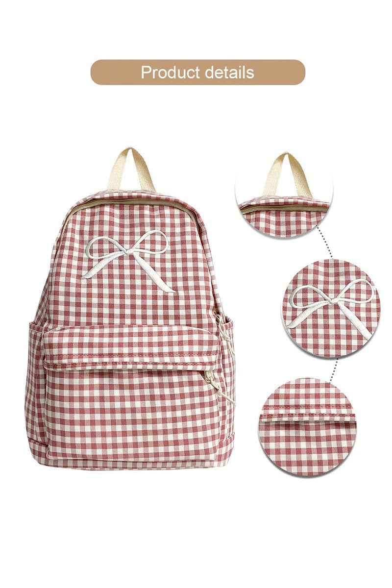 Coquette Bow Embroidered Checkered Backpack