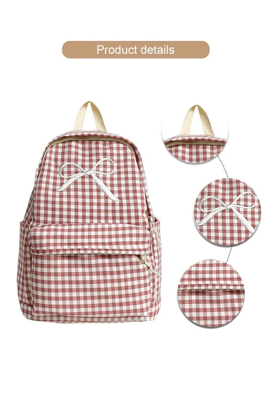 Coquette Bow Embroidered Checkered Backpack