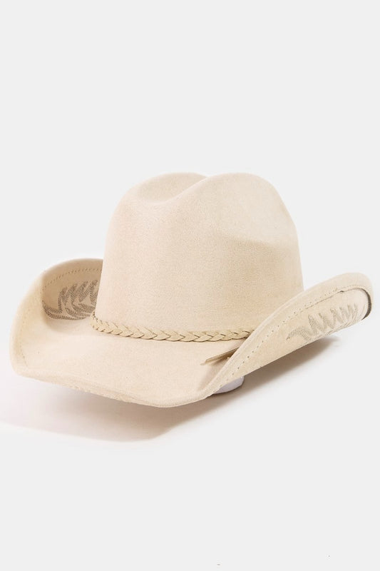 Braided Strap Embroidered Faux Suede Cowboy Hat