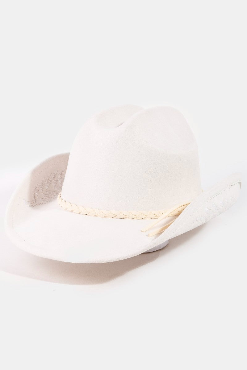 Braided Strap Embroidered Faux Suede Cowboy Hat