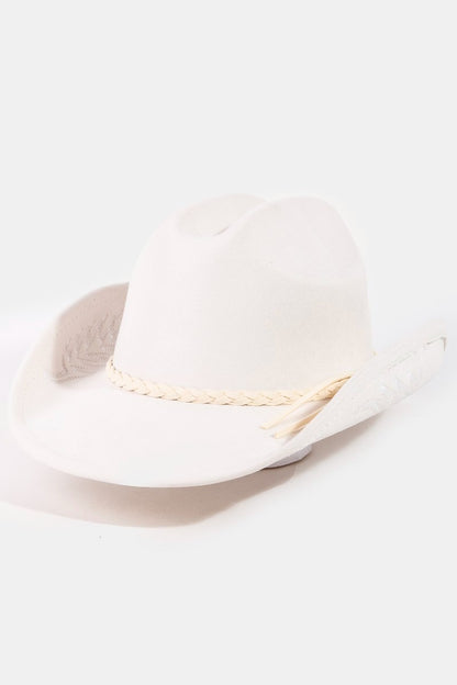 Braided Strap Embroidered Faux Suede Cowboy Hat