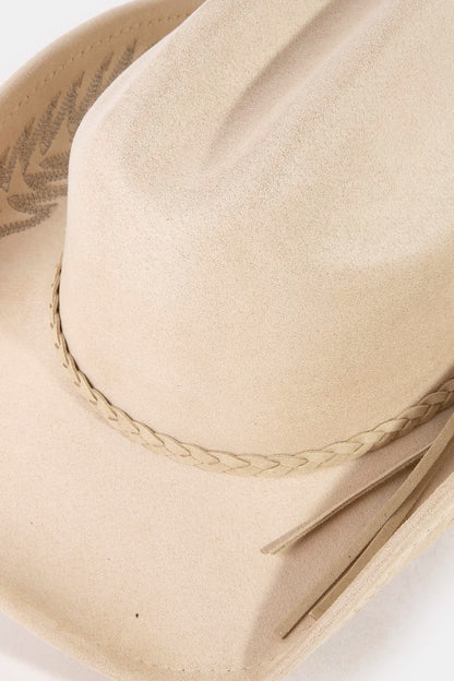 Braided Strap Embroidered Faux Suede Cowboy Hat