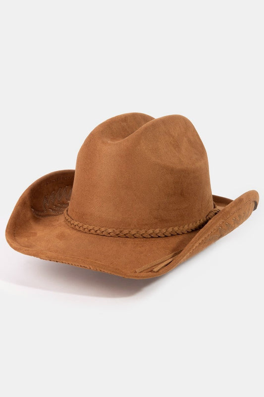 Braided Strap Embroidered Faux Suede Cowboy Hat