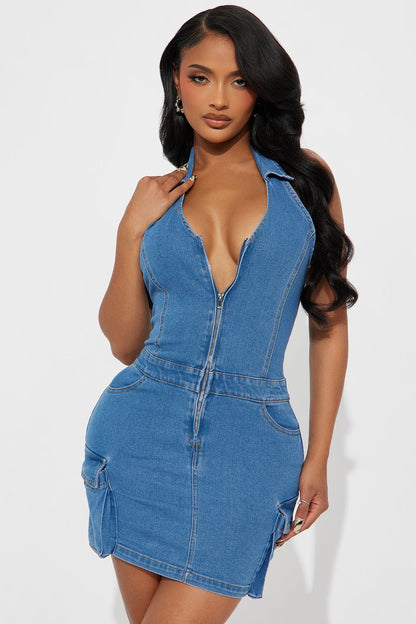 Cargo Zip Up Front Denim Mini Dress