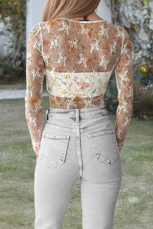 Floral Sheer Mesh Round Neck Long Sleeve Bodysuit