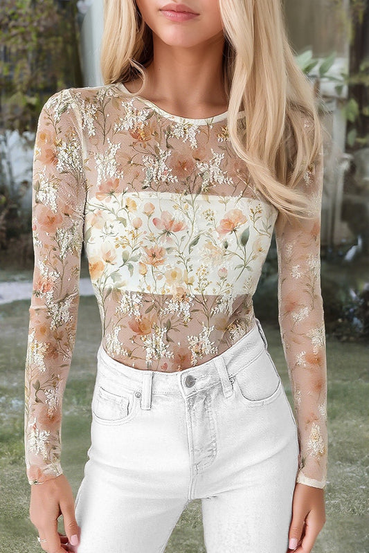 Floral Sheer Mesh Round Neck Long Sleeve Bodysuit