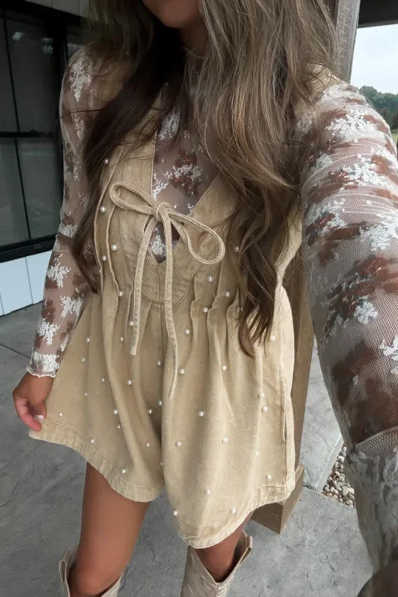 Pearl-accent Denim Tie-front Romper