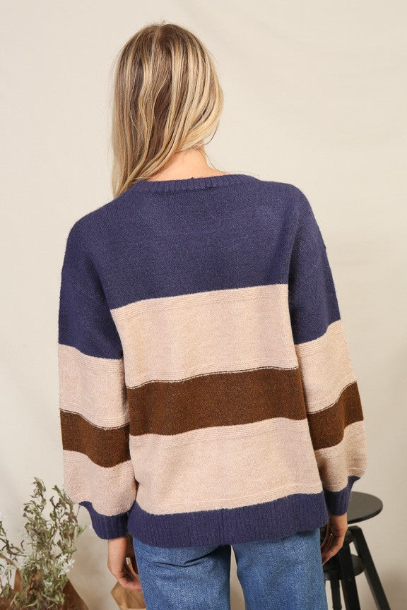 Navy & Caramel Color Block Striped Sweater