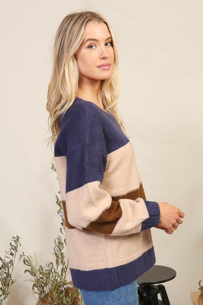 Navy & Caramel Color Block Striped Sweater