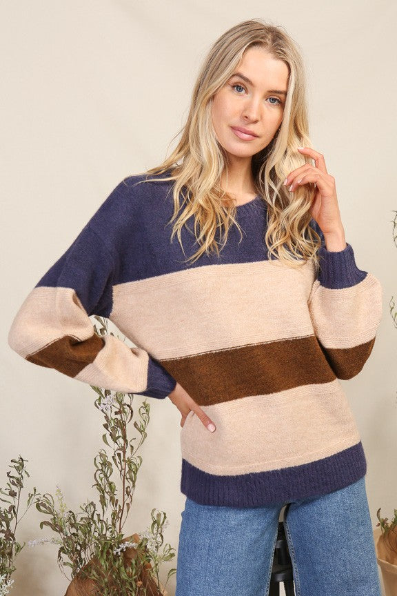 Navy & Caramel Color Block Striped Sweater