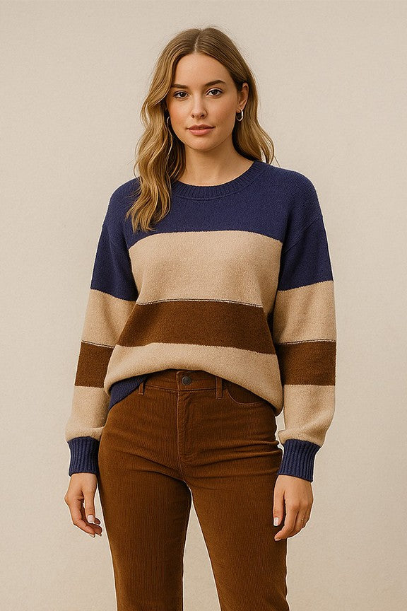 Navy & Caramel Color Block Striped Sweater