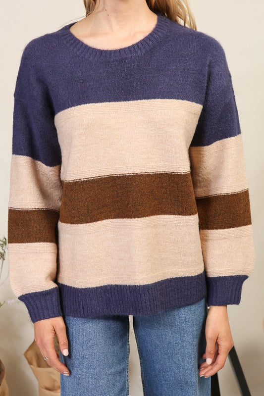 Navy & Caramel Color Block Striped Sweater