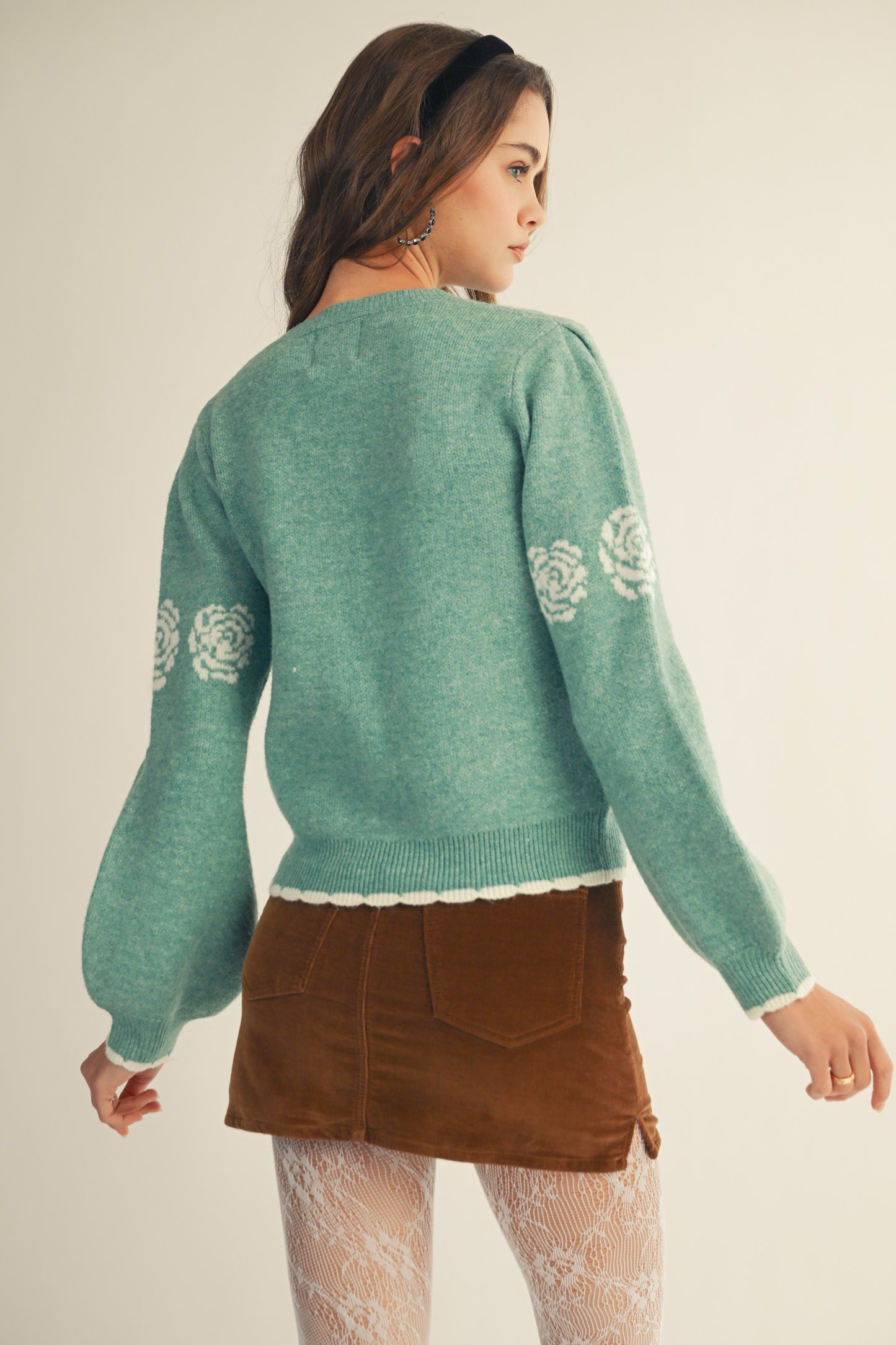 Green Rose Print Sweater
