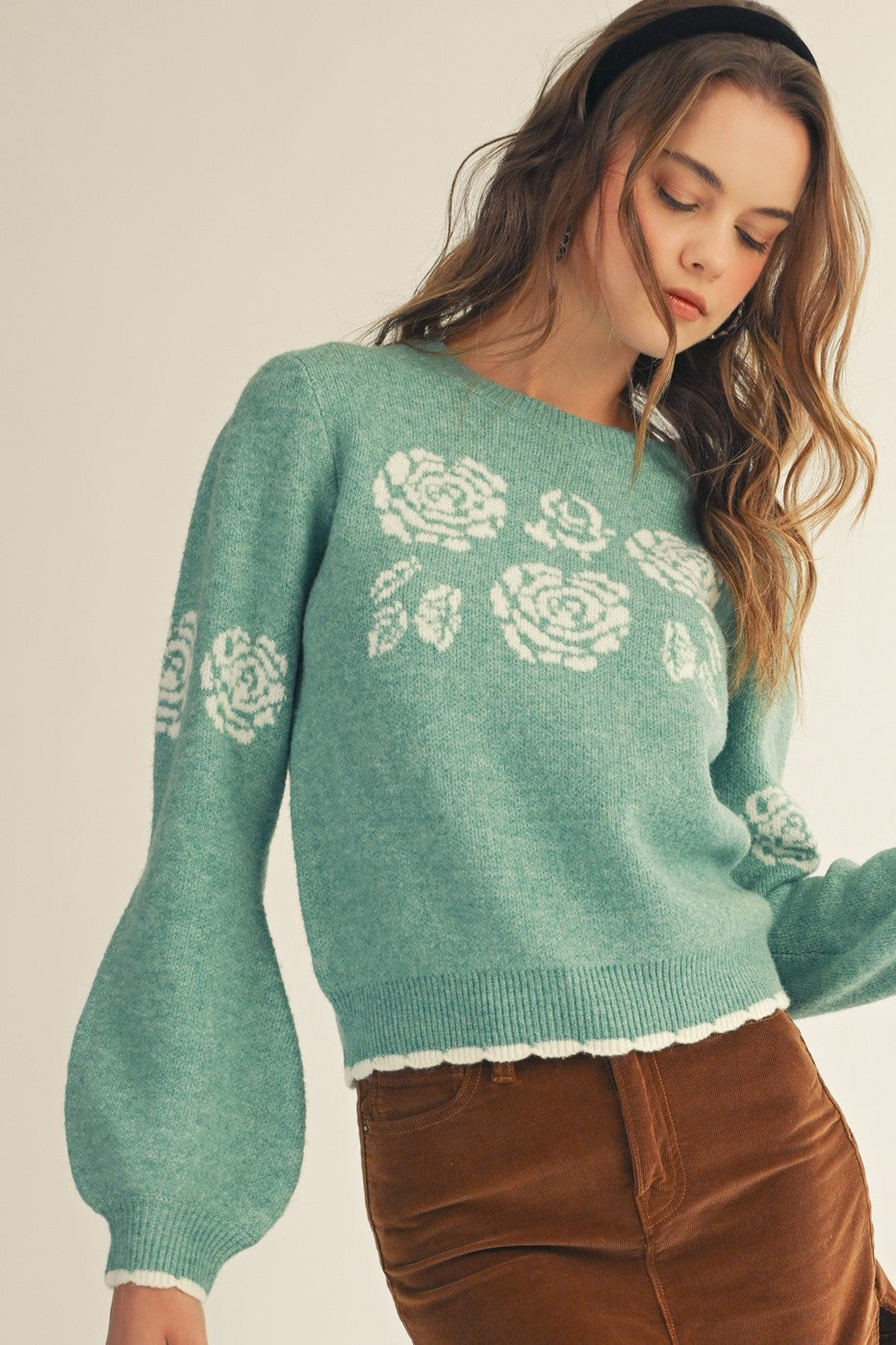 Green Rose Print Sweater