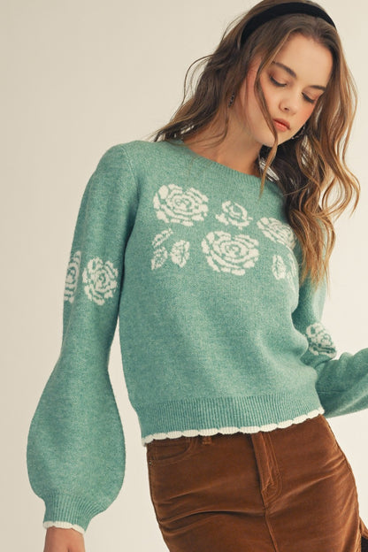 Green Rose Print Sweater