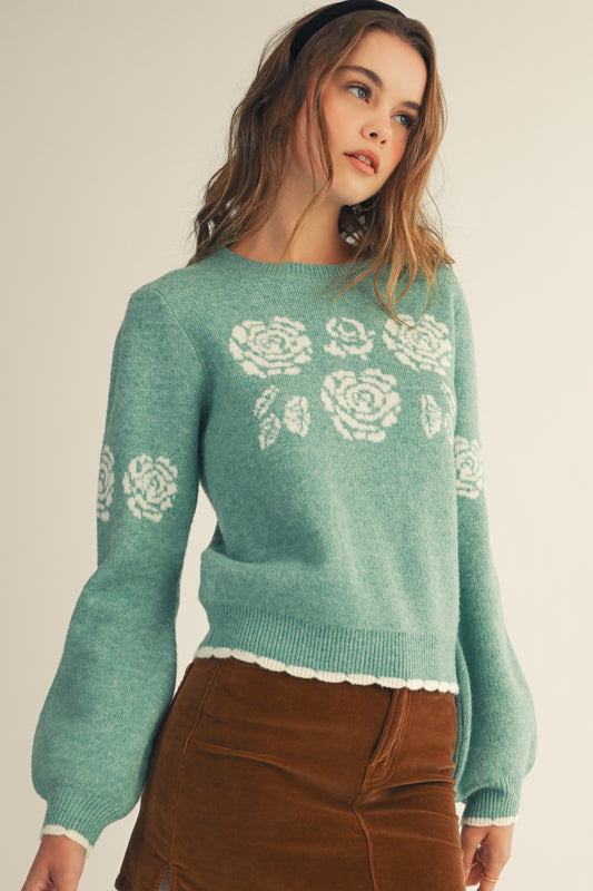 Green Rose Print Sweater