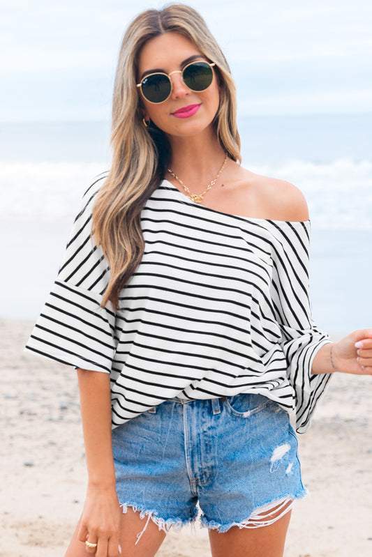 Stripe Half Sleeve Scoop Neck Loose Top