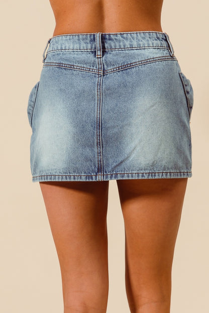 Bow Knot Pocket Denim Mini Skirt