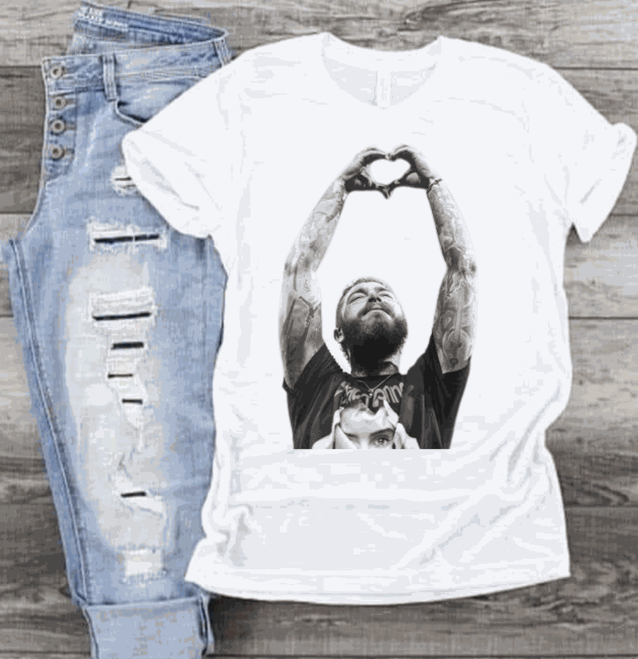 Post Malone heart shirt with graphic design, perfect for fans.