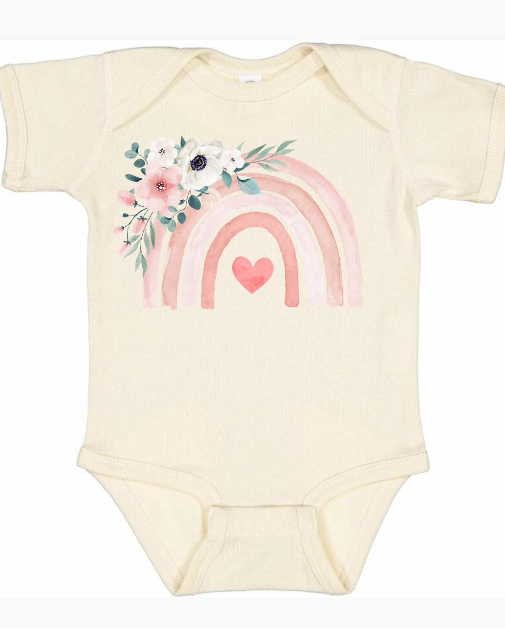 Infant and toddler shirt with pastel rainbow and floral design.