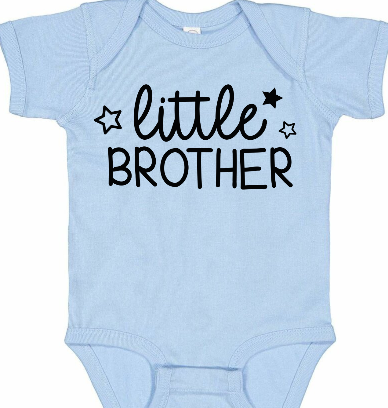 Infant and toddler blue shirt with "Little Brother" text and stars.