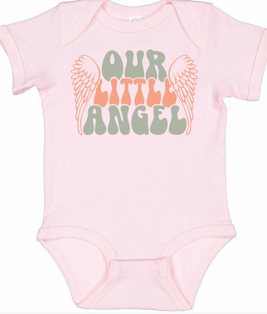 Pink baby onesie with "Our Little Angel" design and angel wings.
