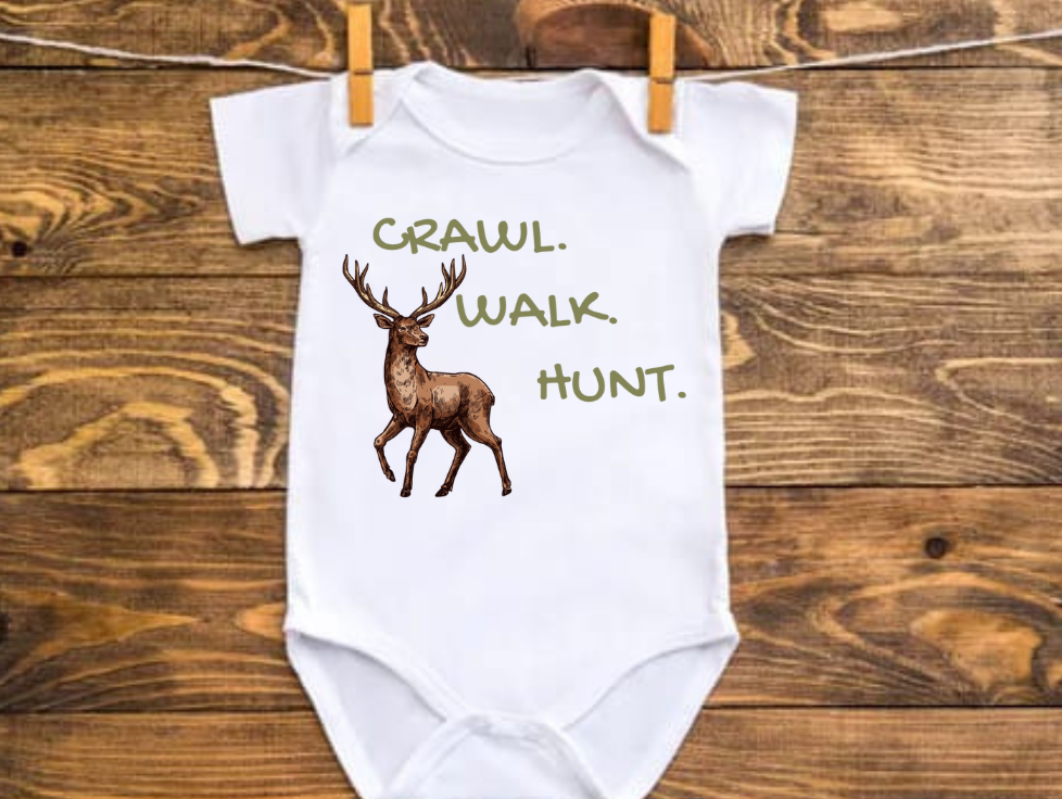Infant and toddler shirt with "Crawl Walk Hunt" design and deer graphic.