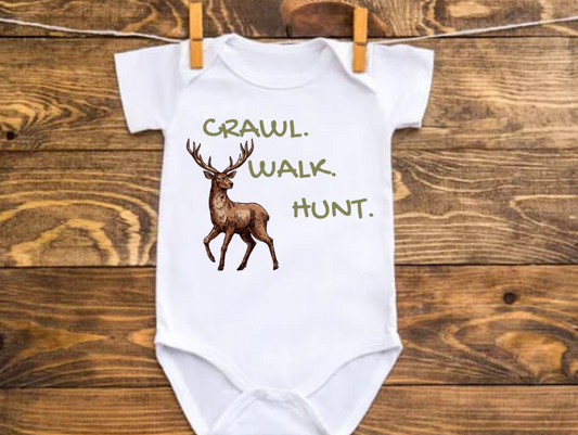 Infant and toddler shirt with "Crawl Walk Hunt" design and deer graphic.