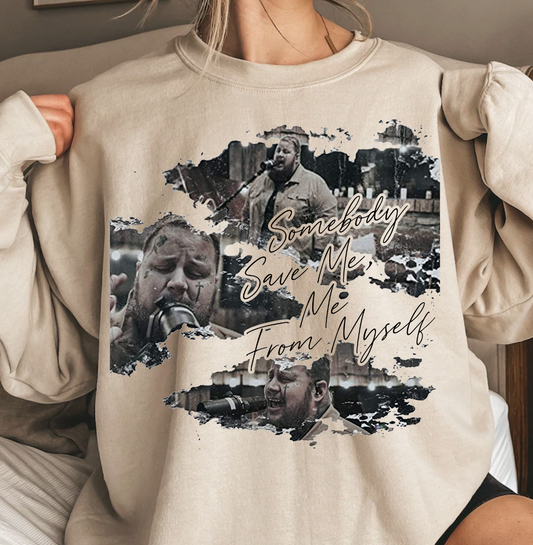 Jelly Roll Somebody Save Me from Myself T-shirt with bold design and music theme.