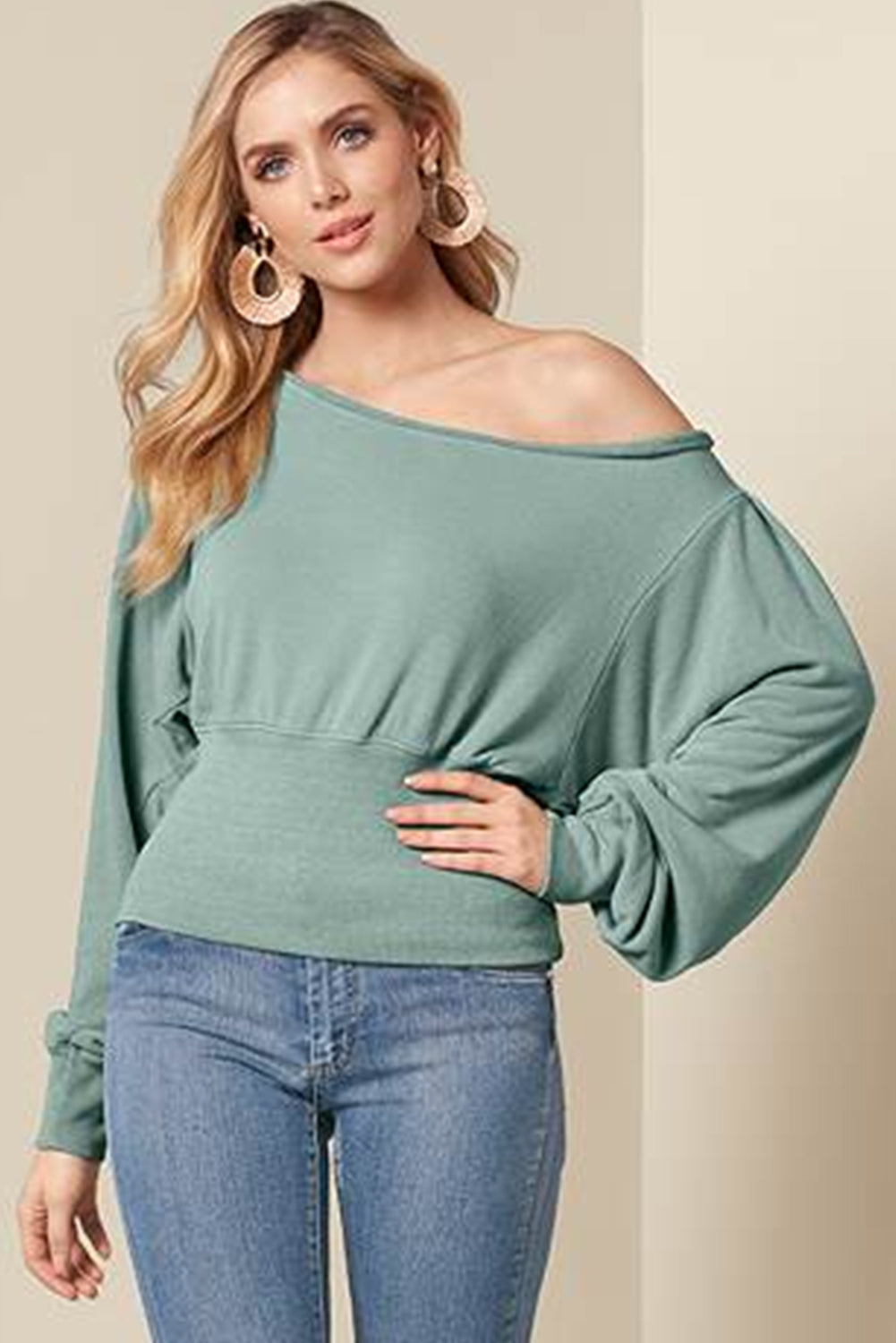 Off Shoulder Bishop Sleeve Cinched Waist Blouse