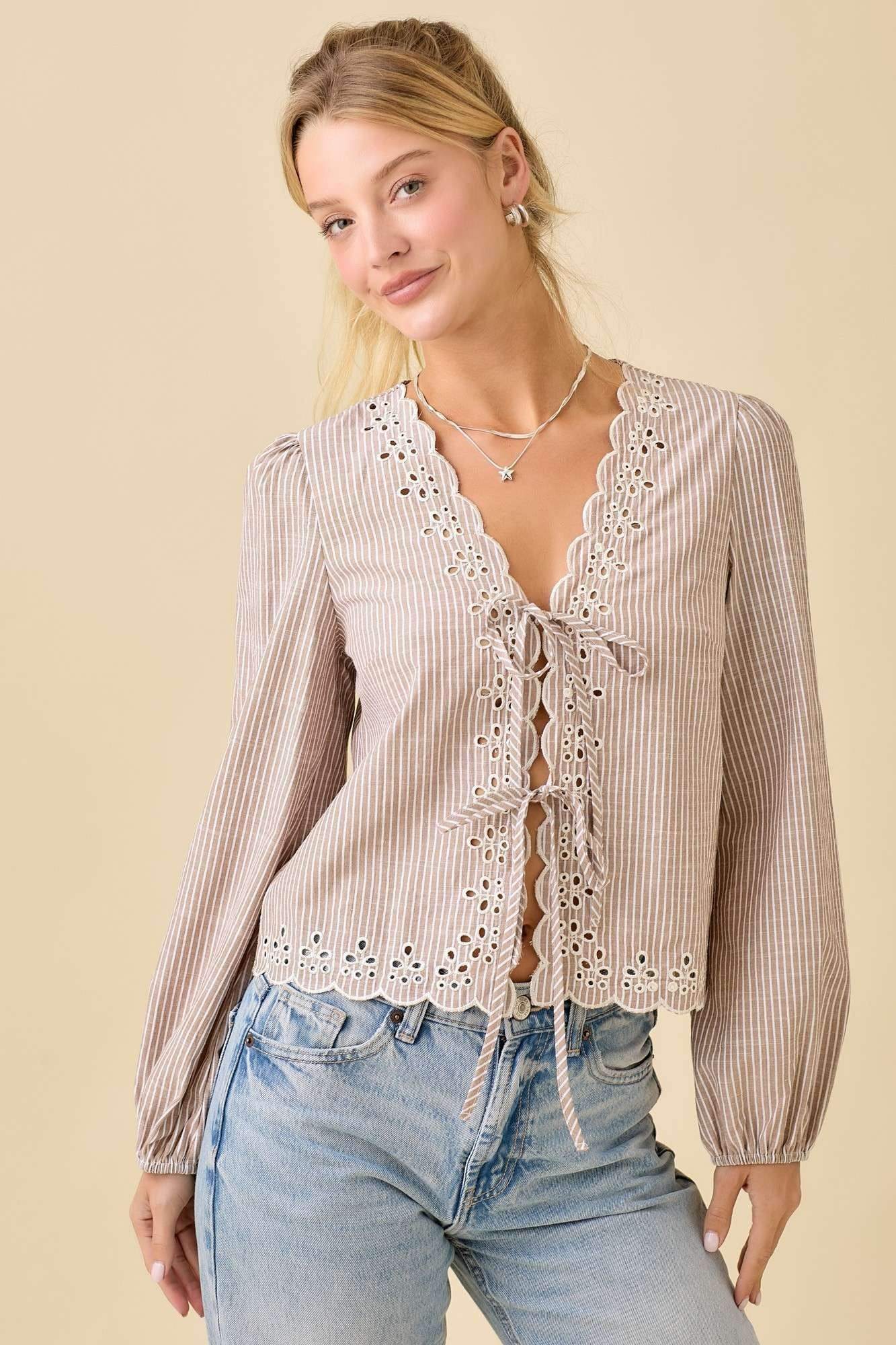V-neck Scallop Embroidered Top With Front Tie