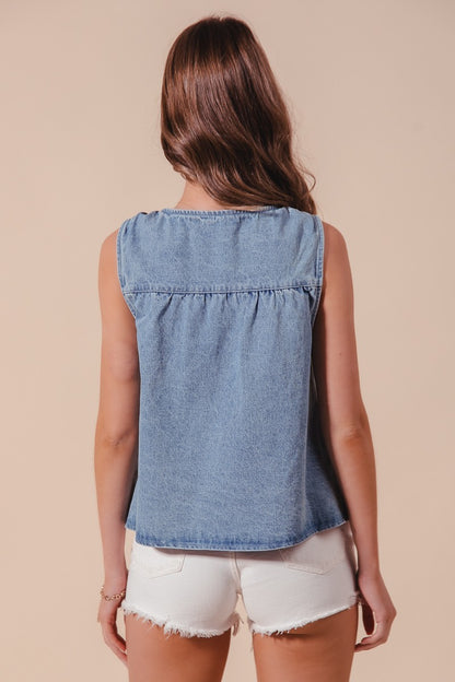 Denim Rouched Sleeveless Top