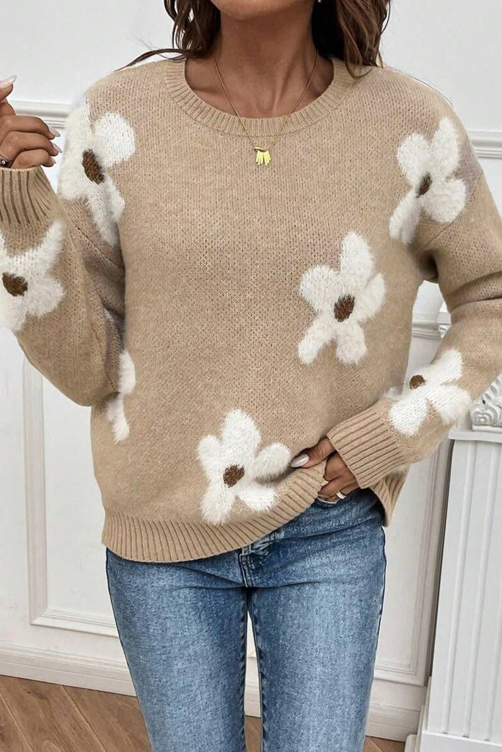 Flower Pattern Ribbed Trim Crew Neck Sweater