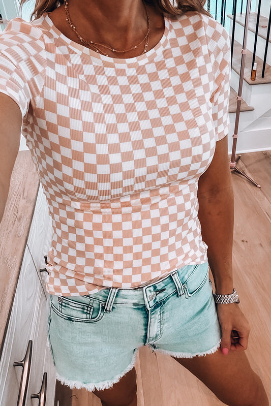Checkered Ribbed Slim Fit T Shirt
