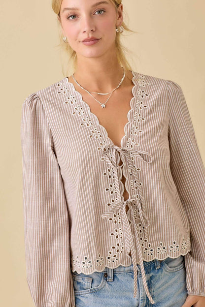 V-neck Scallop Embroidered Top With Front Tie