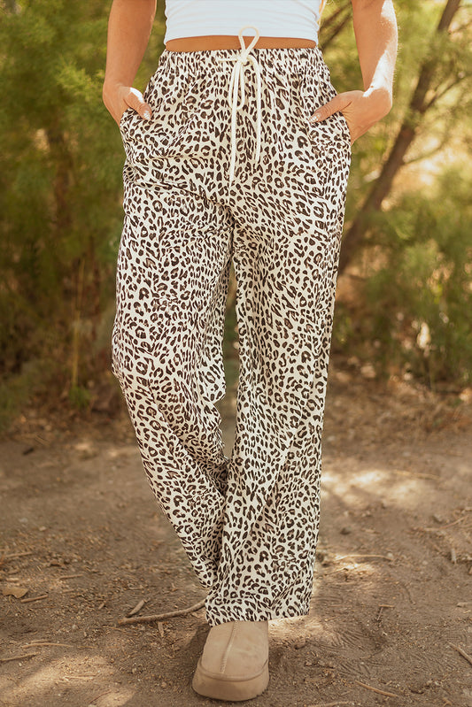 Leopard Drawstring Elastic Waistband Loose Pants