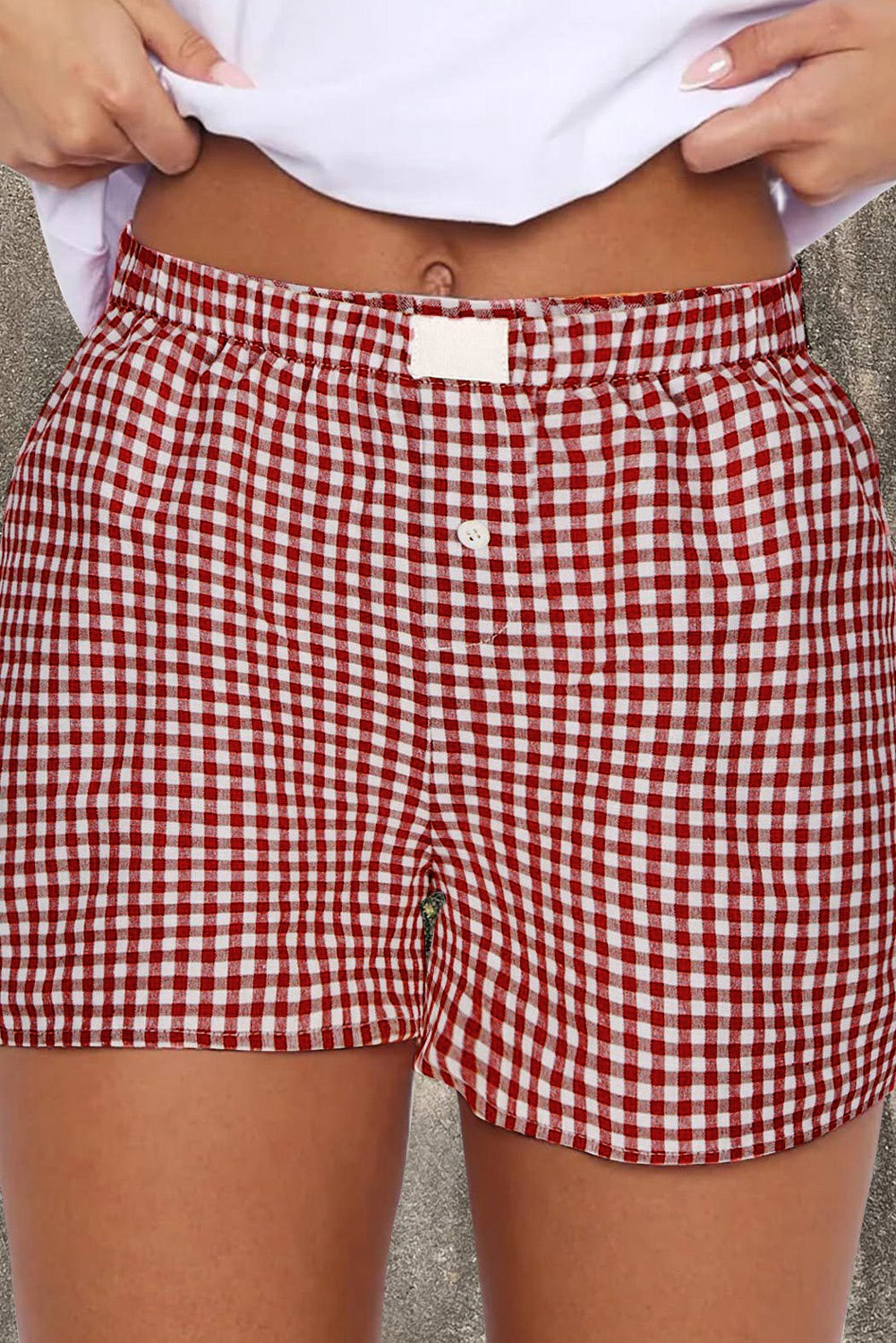 Gingham printed high waist shorts in red and white check pattern designed for summer comfort and style