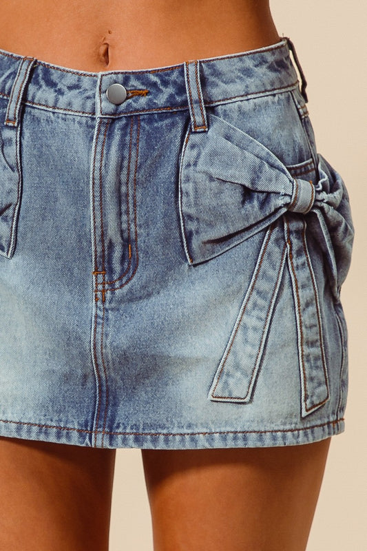Bow Knot Pocket Denim Mini Skirt