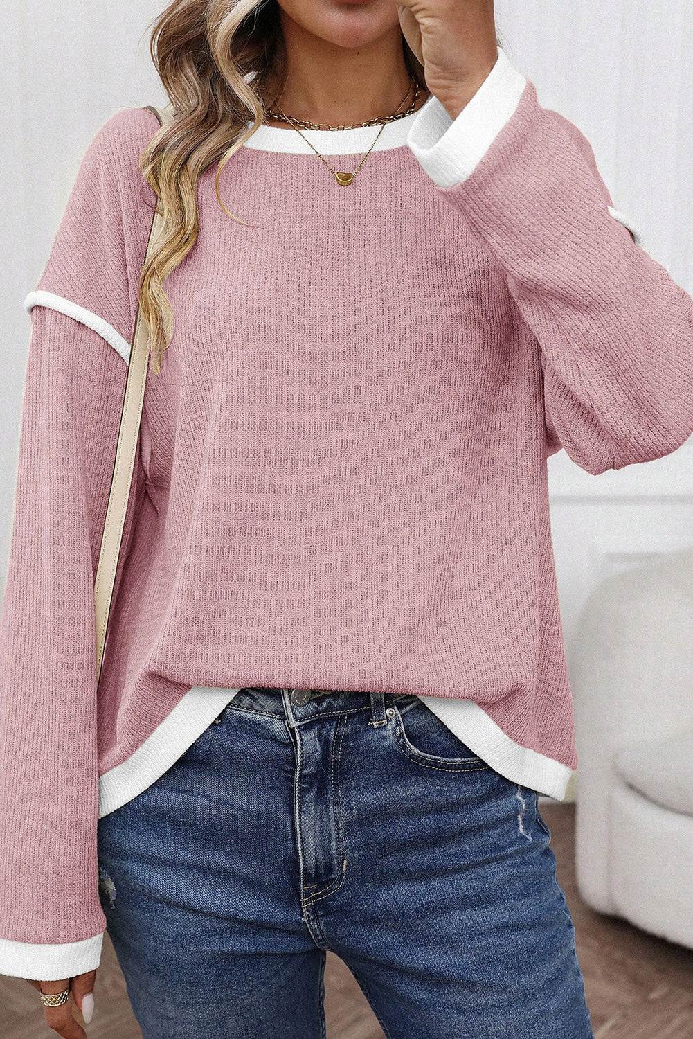 Contrast Color Trim Knit Drop Shoulder Loose Top