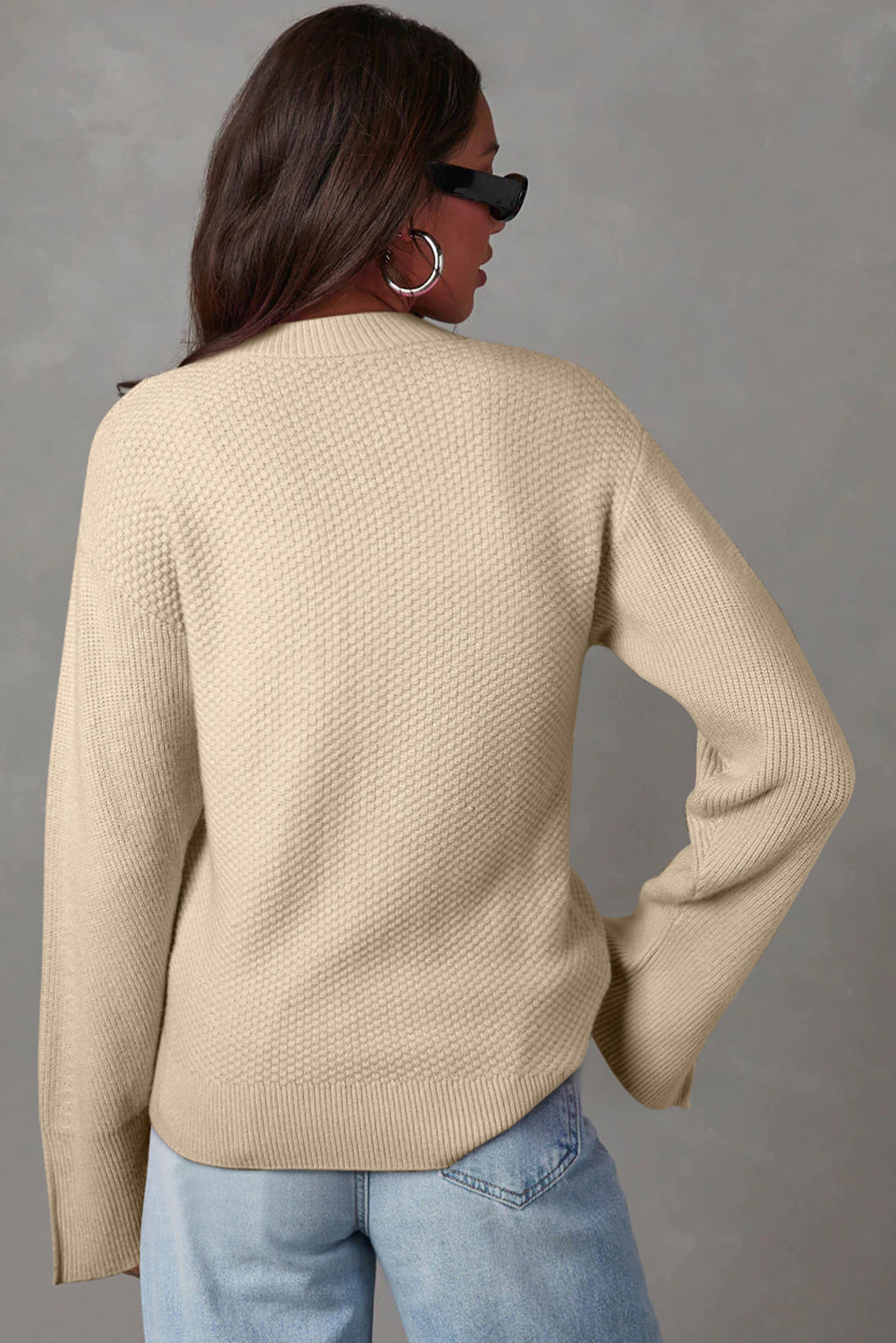 Textured Knit Split Cuff Drop Shoulder Loose Sweater