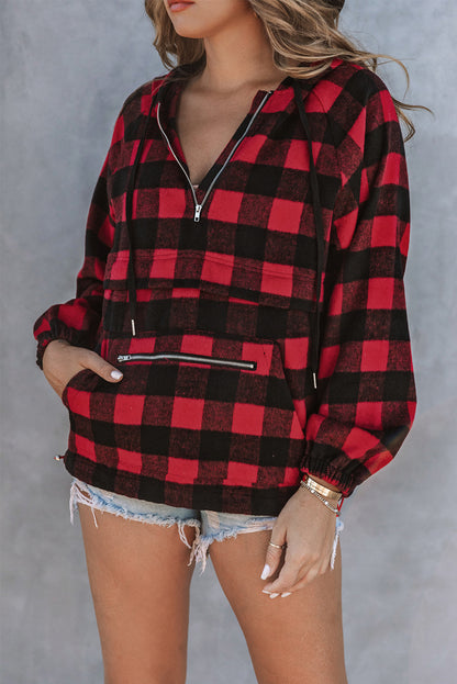 Fiery Red Buffalo Plaid Zipped Front Pocketed Hoodie