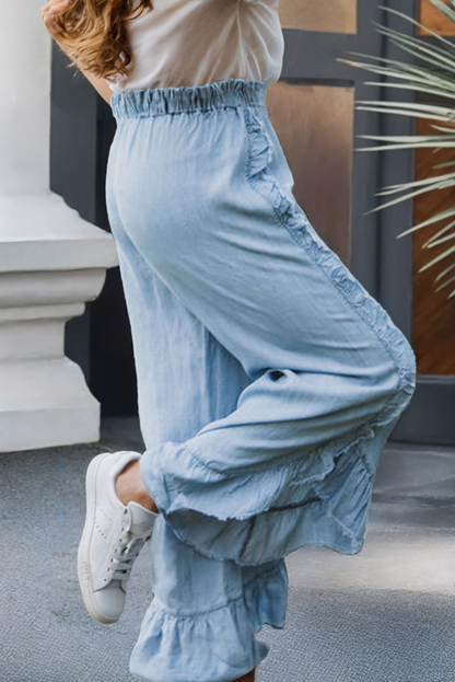 Light Wash Raw Hem Ruffled Wide Leg Jeans