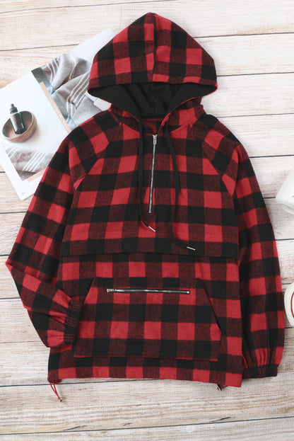 Fiery Red Buffalo Plaid Zipped Front Pocketed Hoodie