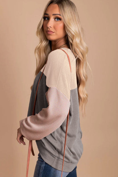 Color Block Long Sleeve Ribbed Loose Top