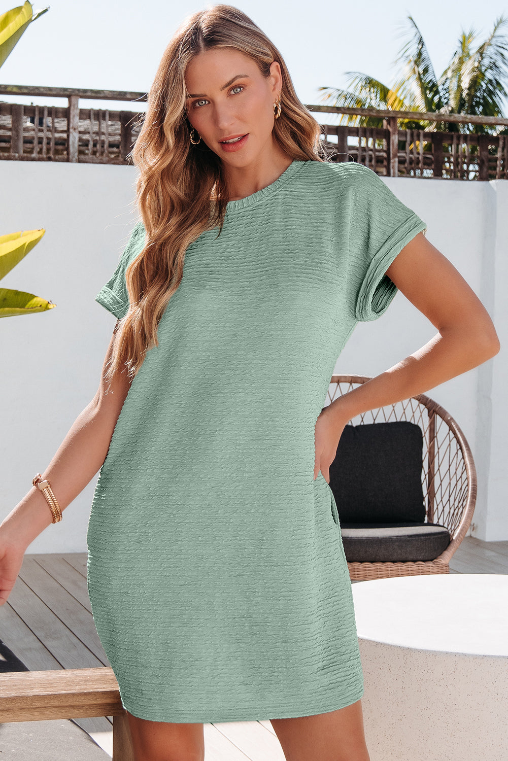 Textured Crinkle Short Sleeve T-Shirt Dress